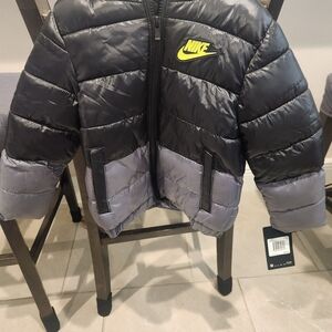 Nike Kids Black and Gray Puffer Jacket with Yellow Logo